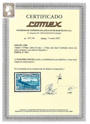 España 1889 - EDIFIL 759* LUJO CENTRAJE PERFECTO CERTIFICADO COMEX ACTUAL