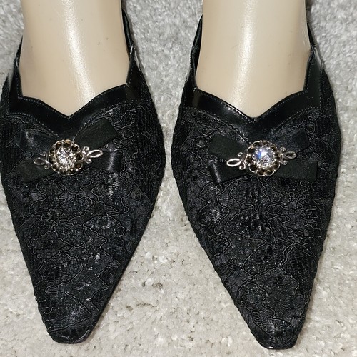 Brighton Tandra Mule Heels Womens Sz 9.5M Black Lace, Jewel Accent, Bow Trim - Picture 4 of 13