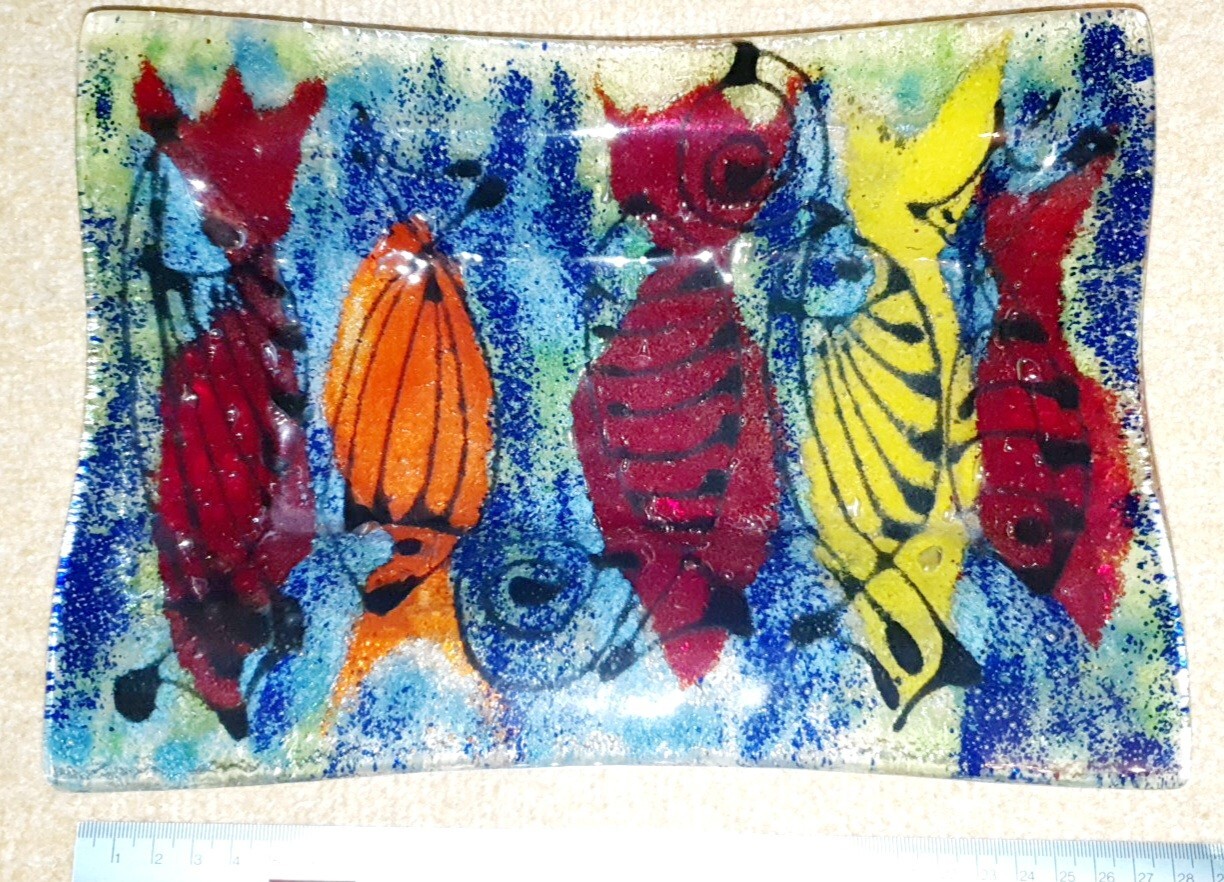 Dekorative Glasschale - Motiv Fische grün - rot - gelb - orange - blau