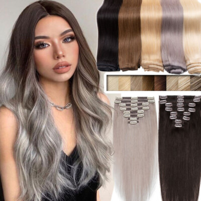 Clip In Extensions 8 Tressen Remy Echthaar Haarverlängerung Doppelt Weft Grau DE