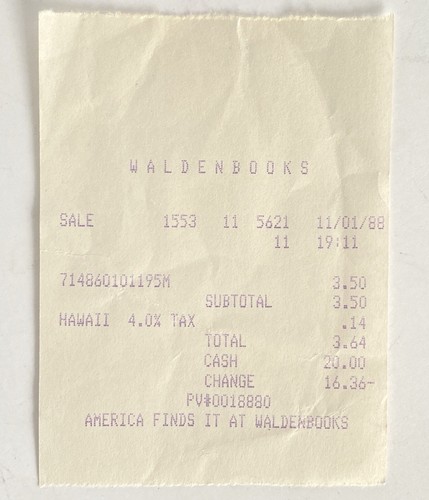 1988 Vintage Waldenbooks Hawaii Original Purchase Receipt