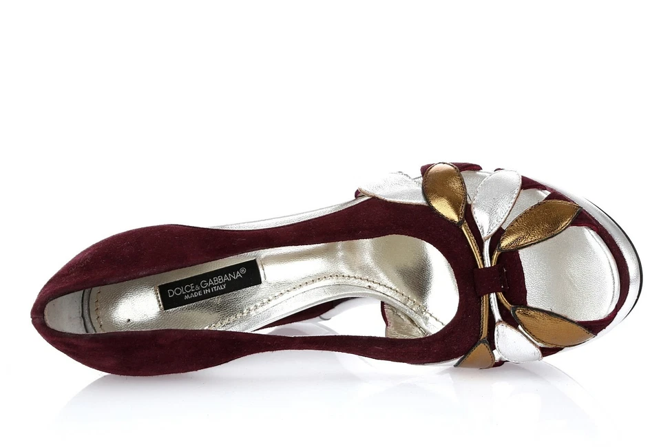 DOLCE & GABBANA pétalas metálicas de ameixa camurça biqueira aberta cunhas recortadas tamanho. 38,5 - Imagem 3 de 4