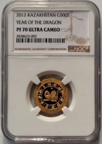Pièce d'or de 1/4 once 500 Tenge ANNÉE LUNAIRE du DRAGON 2012 Tenge NGC PF70 UC ! - Photo 1/11