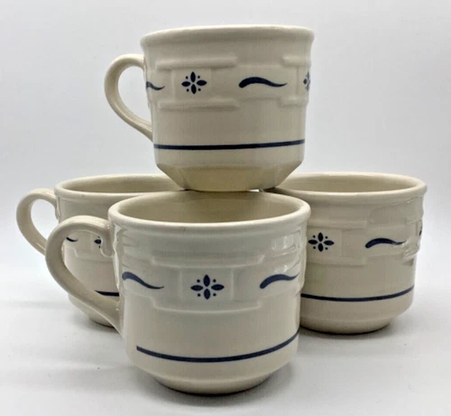 Longaberger Woven Traditions Blue Mug Coffee Cup USA Pottery, 3” 8oz Set of 4