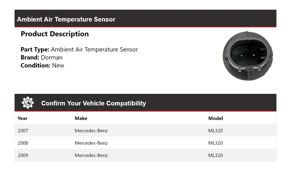适用于 2007 - 2009 梅赛德斯 - 奔驰 ML320 Dorman 环境空气温度传感器 2008 — 第 2/4 张图片