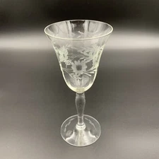 Vintage Glass Wine Water Goblet Cut Floral On Bowl And Base Bulbous Stem 7 3/4”
