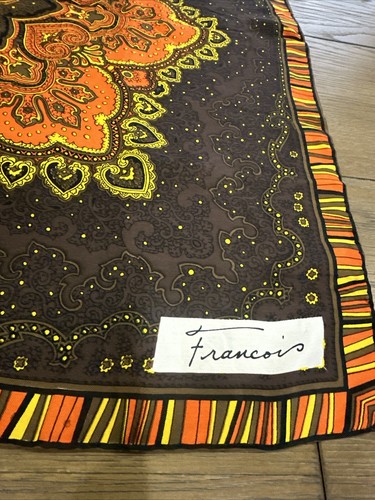 Vtg Designer Scarf Autumn Fall Orange Brown Gold Medallion Hand Rolled 25" Sq - Picture 6 of 9