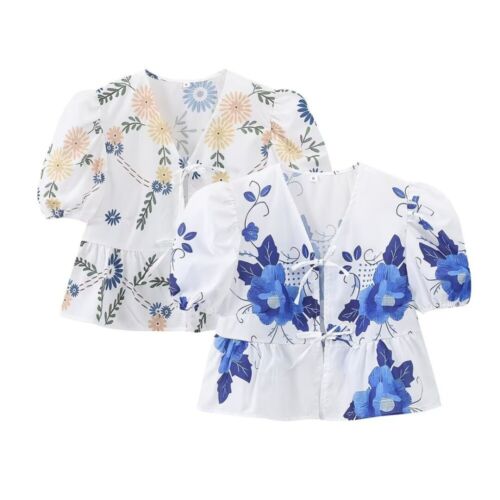 Short Puff Sleeve Lace Up Flower Print Shirt  Streetwear - Picture 1 of 14