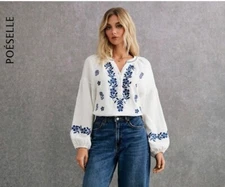 Size Medium Shein White Gauzy Blouse with Blue Flower Embroidery, Bishop Sleeve