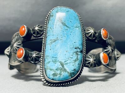 DROPDEAD FAB VINTAGE NAVAJO TURQUOISE CORAL STERLING SILVER BRACELET