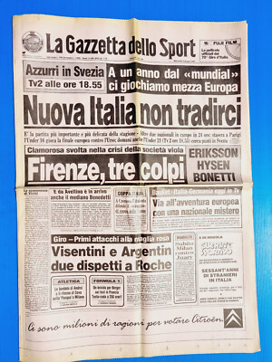 GAZZETTA DELLO SPORT 3 Juni 1987 Fiorentina-Eriksson-Hysen-Bonetti-Schweden