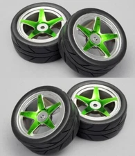 4pc Green Chrome Wheels w/On Road Racing Tires For 1/10 Scale RC Touring Car