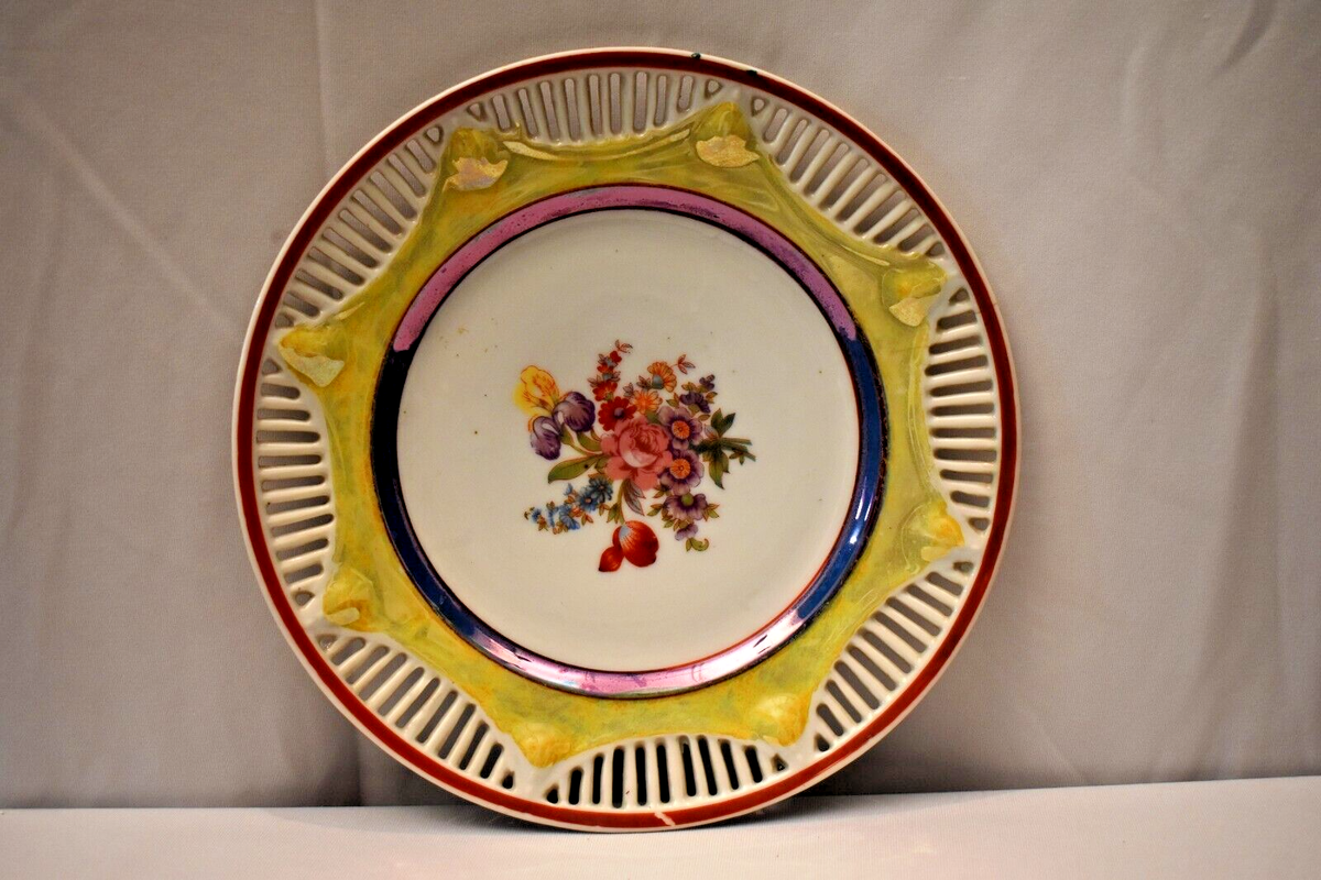 Vintage Decorative Plate with Vibrant Floral Design and Openwork