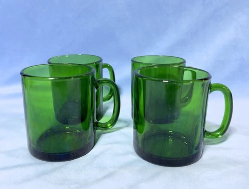Vintage France Emerald Green Glass Tea Mugs Coffee Cups 4 Pc Set