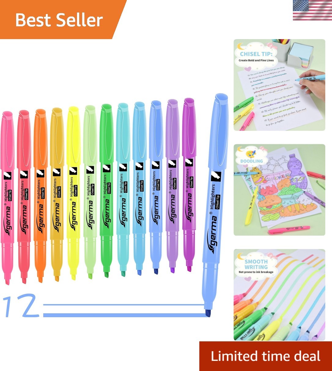 S Assorted Colors Set, 12 Pack, Chisel Tip Bright Colors, Dr