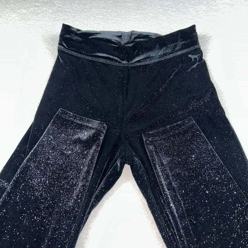 Victoria's Secret PINK Velvet Black Soft Velour Pants Pink Glitter Stretch Small - Image 3 of 4