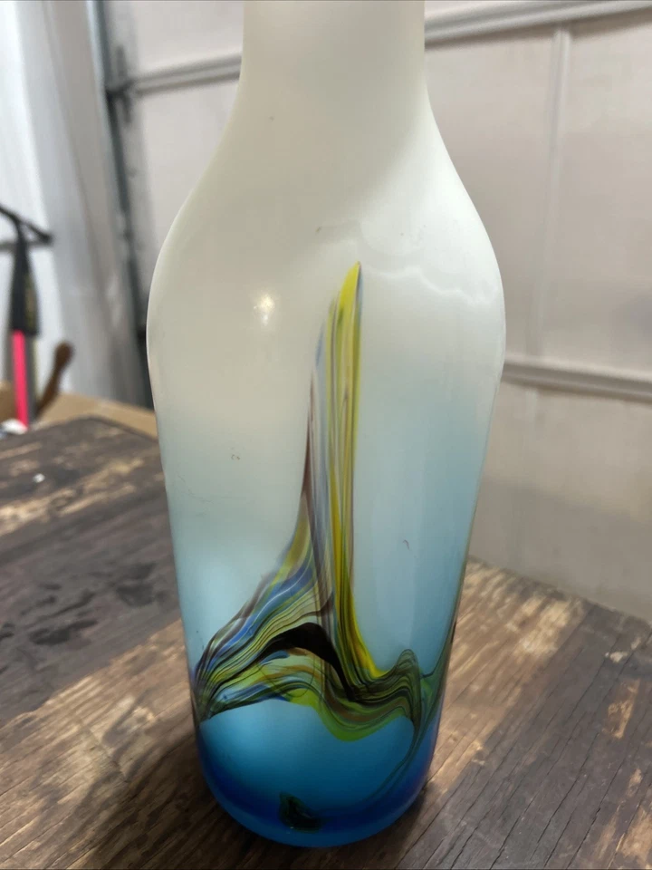 Матовая белая стеклянная ваза зеленый желтый завиток красный ободок 12 дюймов китайский художественный декор - Изображение 3 из 4