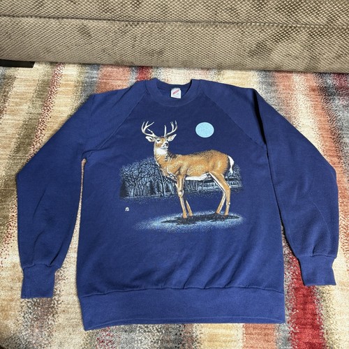 80s-90'S Jerzees deer print animal sweatshirt, made in USA, men's size XL equivalent, vintage. cotton white type Vintage Second Hand main image 0