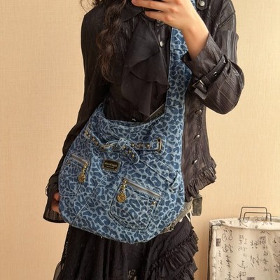 Blue Leopard Print Denim Hobo Crossbody Bag Studded Buckle Multi Pocket