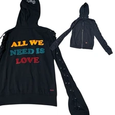 Peace Love World All We Need Is Love Black Zip Up Hoodie Embroidery Sz S