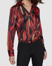 Karl Lagerfeld Paris Women's Red Geo-Print Faux-Wrap Satin Top Size L