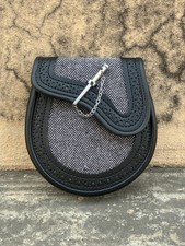 Scottish Grey Tweed Sporran Pin Lock Black Leather Sporran With Chain Straps