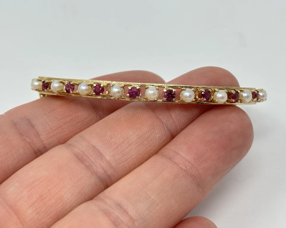 14K Ruby & Seed Pearl Yellow Gold Bangle Hinged Bracelet Youth Small - Image 2 of 4