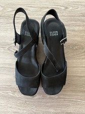 Eileen Fisher Mime Platform Wedge Pump Nubuck Leather Sandal Black Sz 6.5