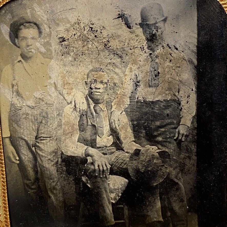 1/6 盘 Tintype 照片 3 非裔美国工人 1880 年代工会案例划痕 — 第 2/4 张图片