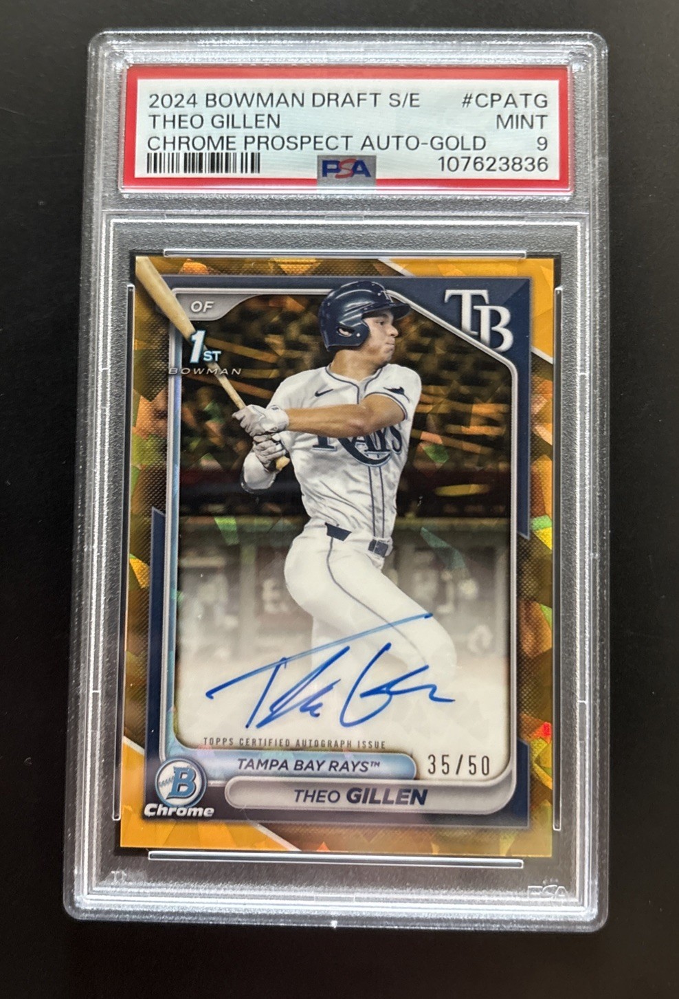 Theo Gillen 2024 Bowman Draft Chrome Sapphire Gold Refractor Auto 35/50  PSA 9