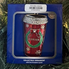 2025 Harvey Lewis Silver Coffee Cup Mug Christmas Tree Ornament w Fine Crystal