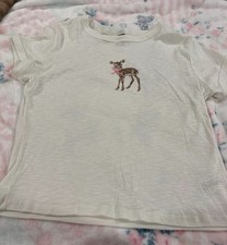 Girls Ivory Deer Embroidered Short Sleeve T-Shirt Crew Neck Casual