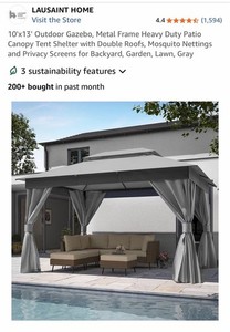 LAUSAINT HOME 10x13 Gray Metal Frame Gazebo Double Roof Mosquito Net/Privacy