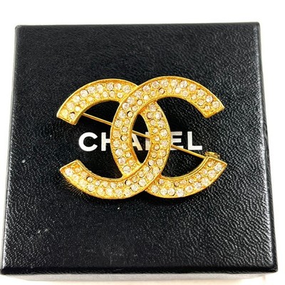 CHANEL COCO CC Logo Brooch Gold Rhinestone Vintage Authentic 174