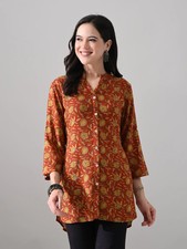 Indian Women Brown Rayon Floral Printed Kurta Kurti Top Tunic New Dress