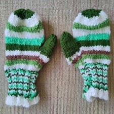 Handmade Knit Boys' Mittens Striped Green White Brown Wool Winter. 2-4 years old