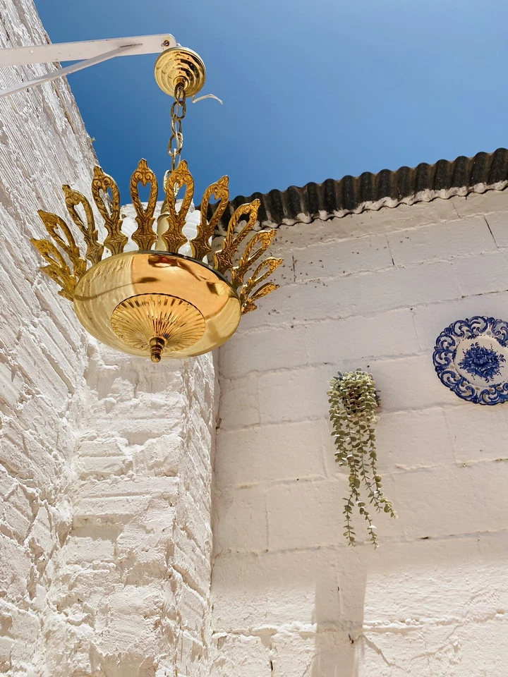 Petite Antique Brass Spanish Chandelier Gold Colonial 3 Lights, 23" L x 12 W" - Image 3 of 4