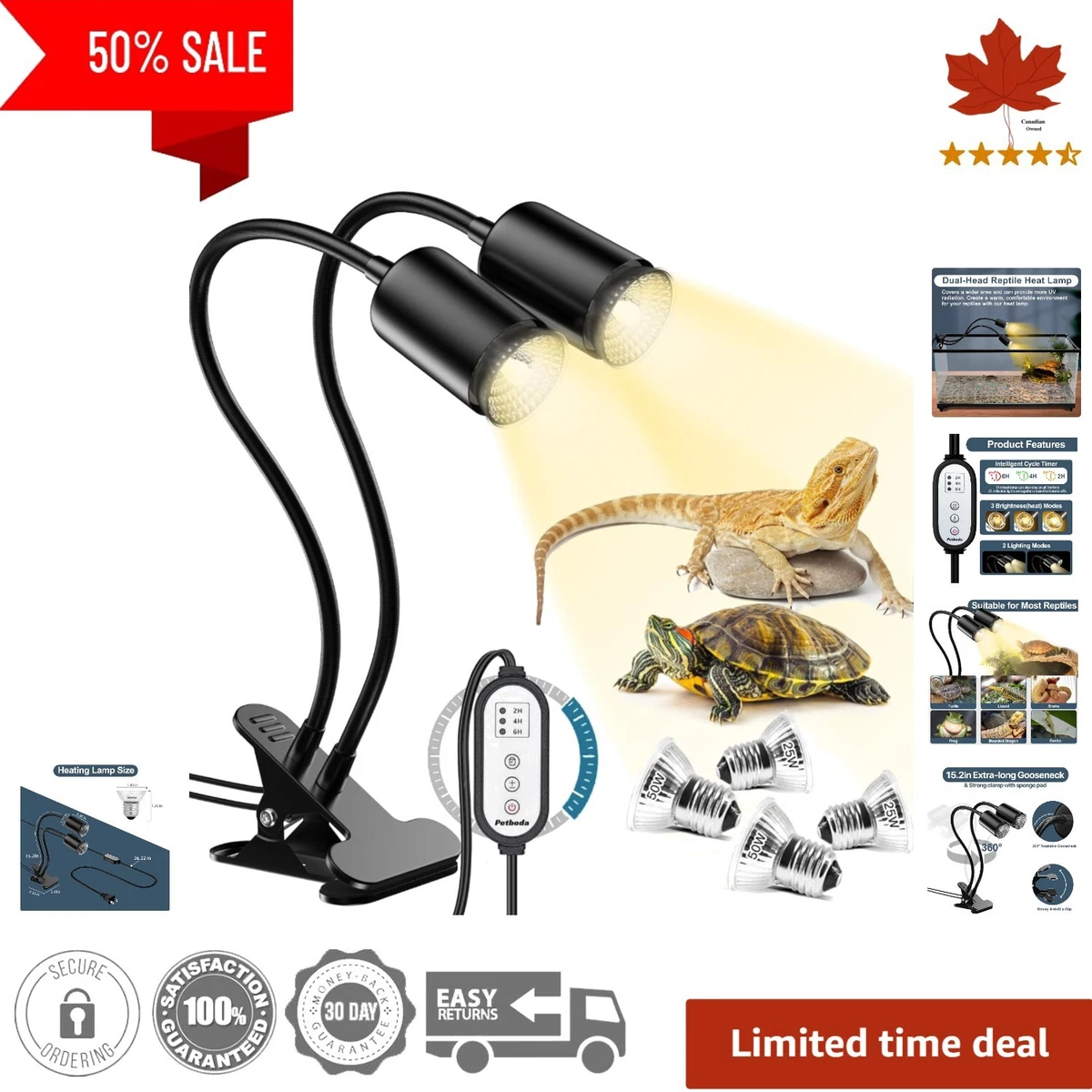 Reptile Heat Lamp UVB Cycle Timer Dimmable Adjustable Temperature Black