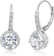 925 Sterling Silver Cubic Zirconia Halo Leverback Dangle Bridal Earrings