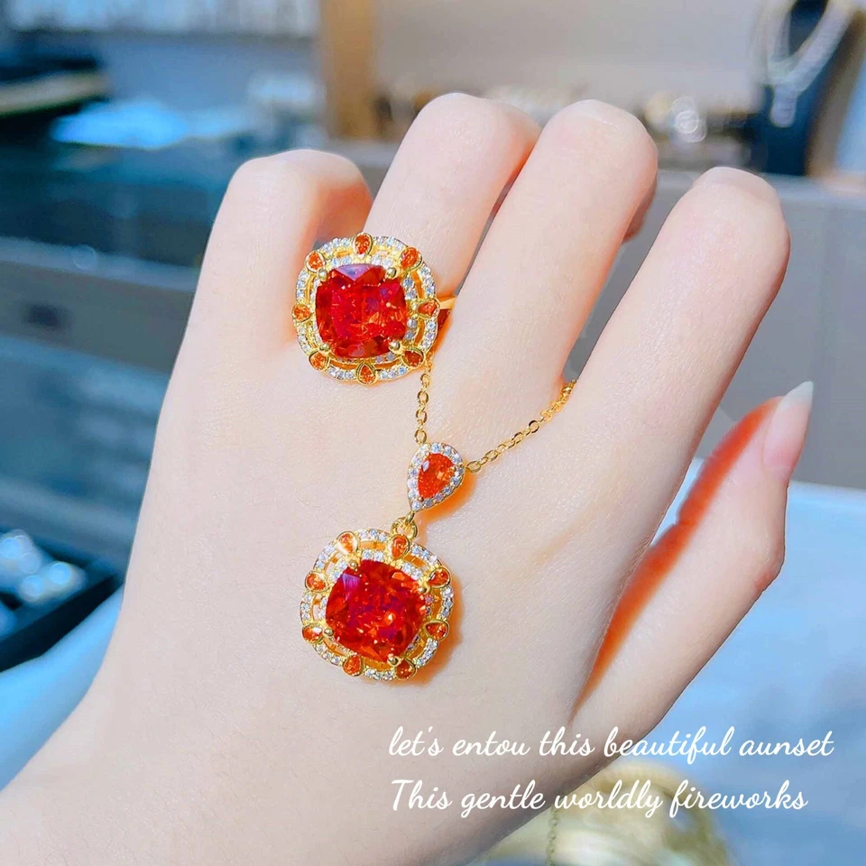 2pc Jewelry Set Fire Red Garnet Gemstone Charm Women Gold Necklace Pendant Ring - Image 2 of 4