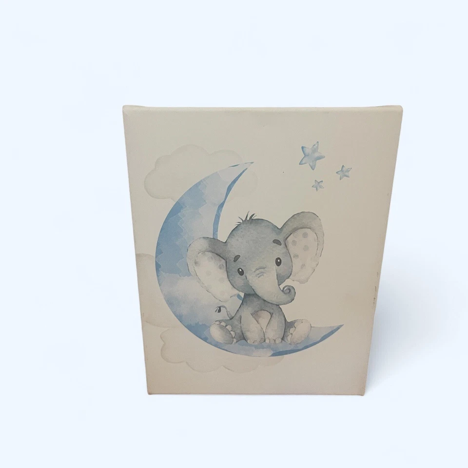 Juego de 3 lienzos para guardería bebé, elefantes bebés, tema gris y azul sobre lienzo blanco Foto 3 de 4
