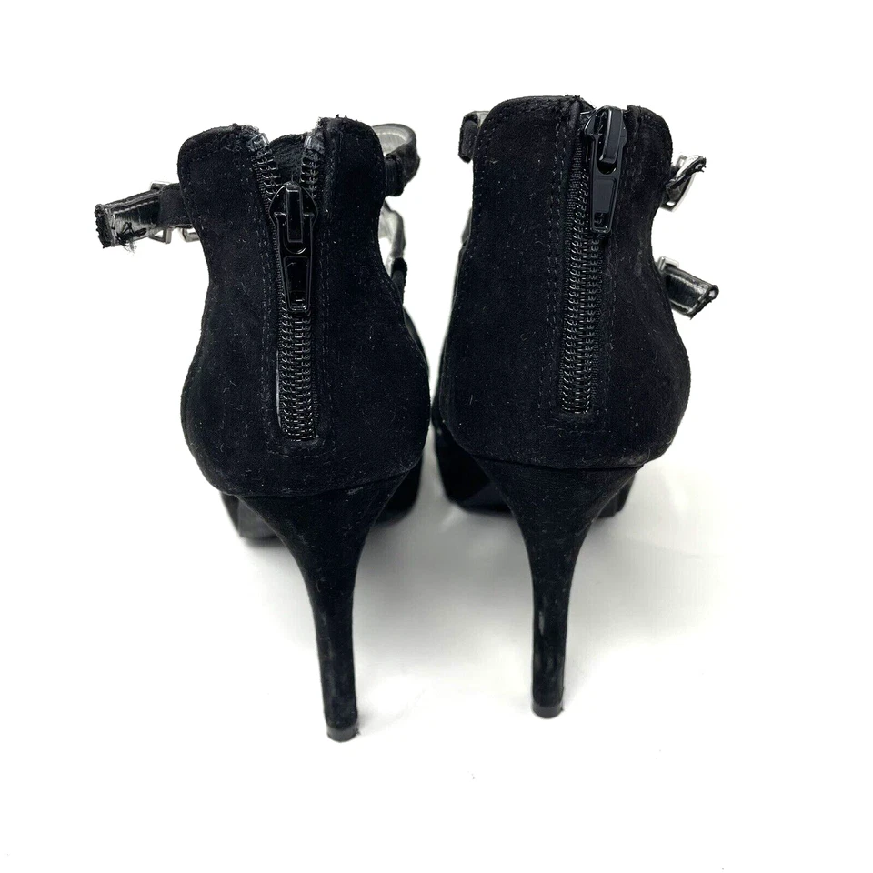 REPORT Tacones Negros con Tirantes Jaula Peep Toe Talla 8 Hebilla al Tobillo Imitación Gamuza Foto 3 de 4