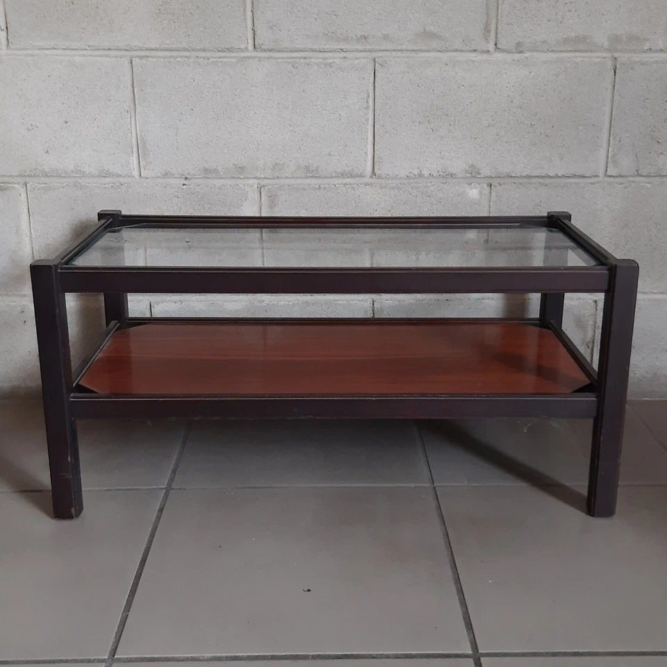 Table Basse Rectangulaire En Teck Et Verre Design Moderniste Italie 1960 - Photo 2/4