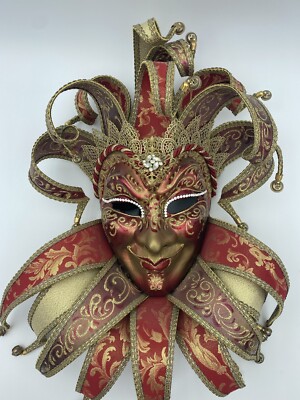 Venetian Mask Red and Gold Signed Made In Venice, Italy