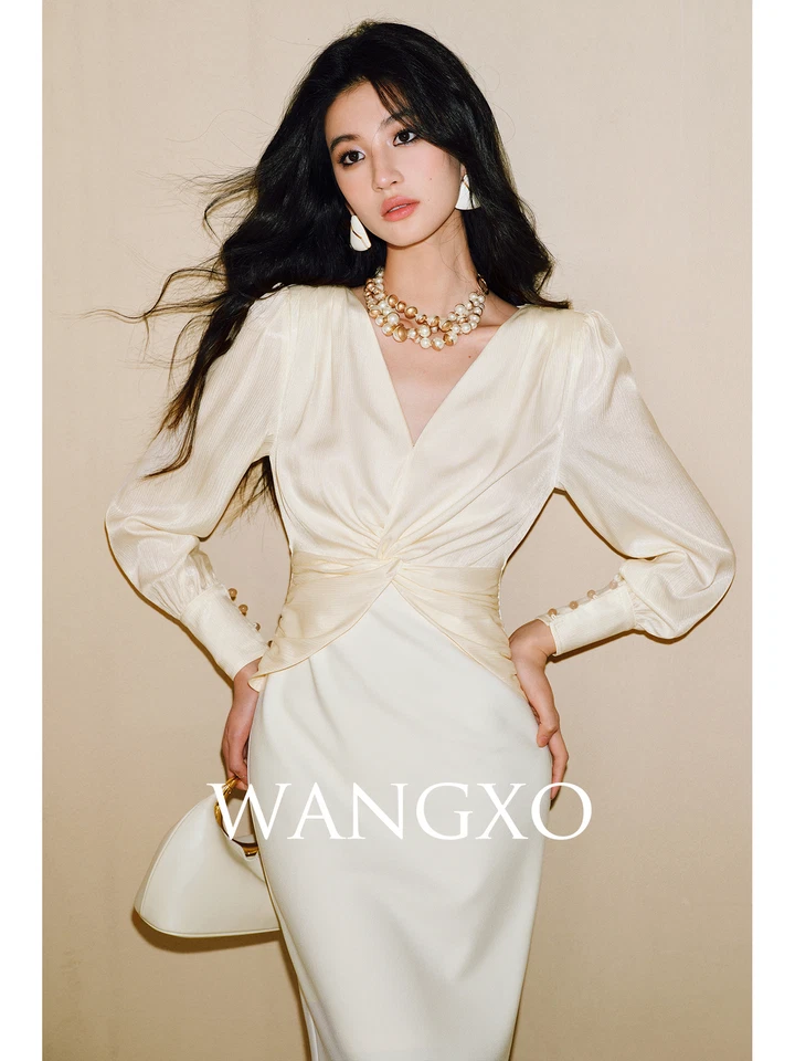 Mujeres Vestido Lápiz Largo Ajustado Manga Abullonada Satén Cuello en V Oficina Dama Noche Fiesta Foto 2 de 4