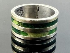 Vintage Sterling Taxco CM Wide Green Inlay Band Size 6.5 Ring