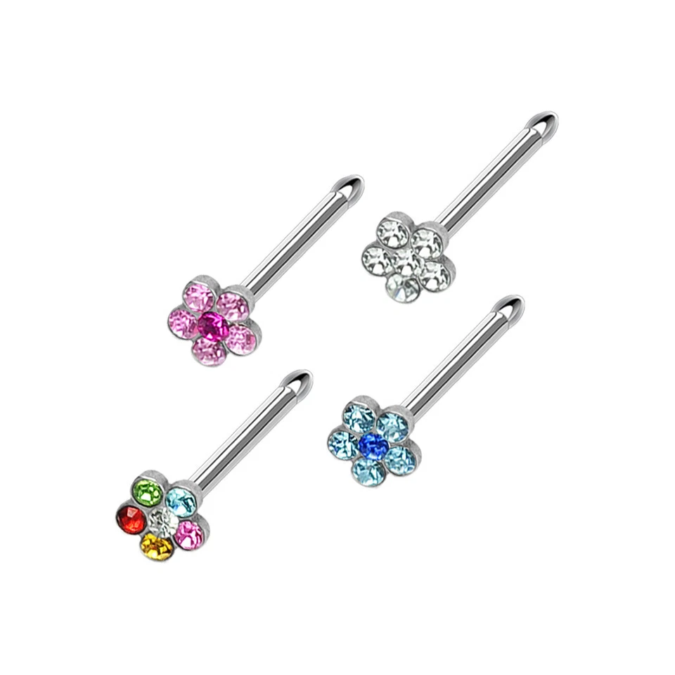 4 Pc Pack Of Multi Gem Flower CZ Nose Studs Ring Surgical Steel 20G 6mm - Image 2 of 2