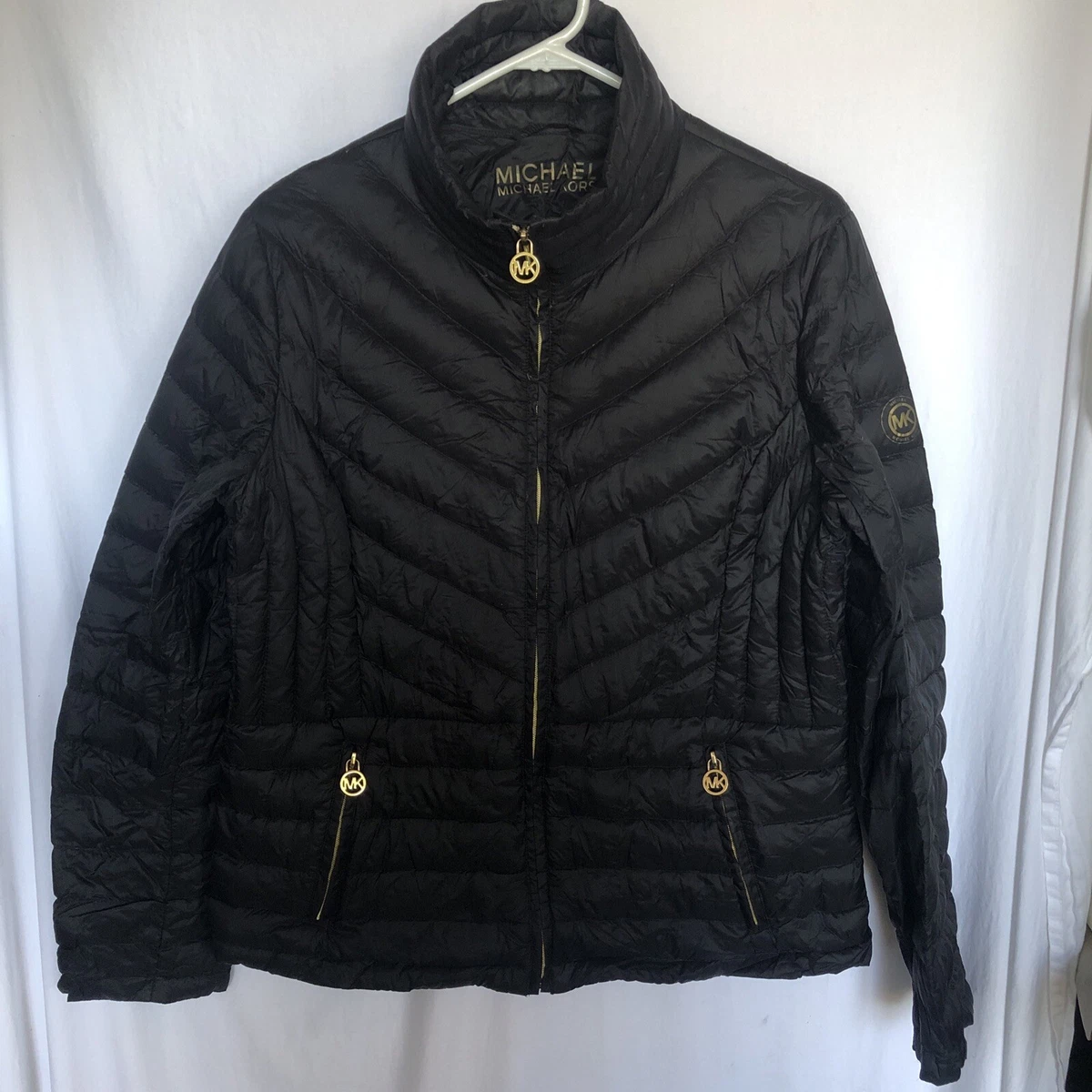 Michael Kors Black Gold MK Logo Quilted Down Packable Puffer  