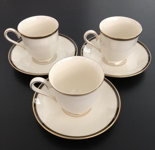 3 Lenox Urban Lights Teetassen & Untertassen American Home Collection Elfenbein mit Goldrand - Bild 1 von 12