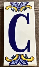 Vintage Ceramic Tile Blue & Yellow Address House Initial C Made In Spain 6” X 3”